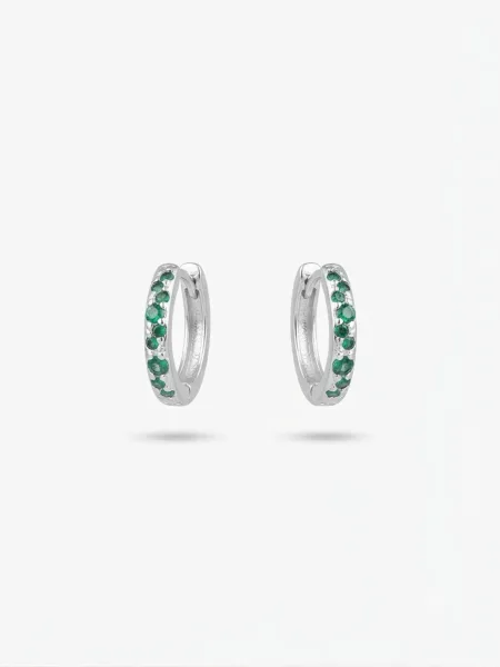 Silver Leaf & Green Stone Mini Hoops
