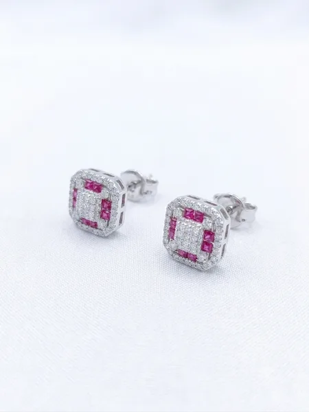 Royal Ruby & Diamond Cushion Halo Stud Earrings