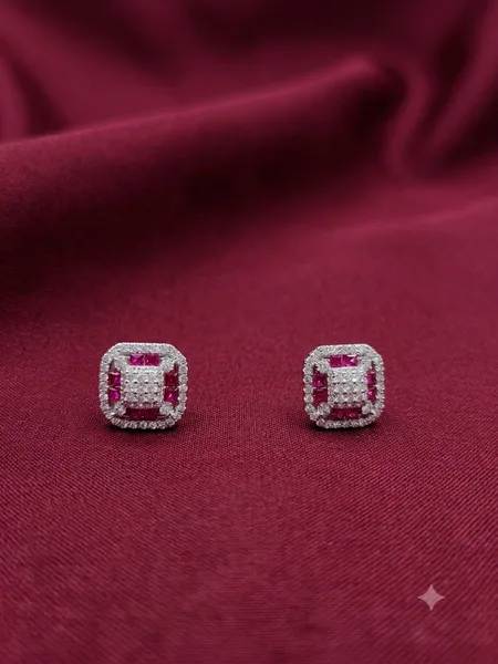 Royal Ruby & Diamond Cushion Halo Stud Earrings