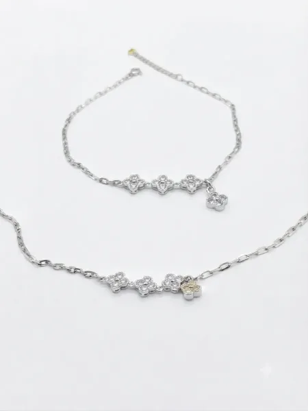 Silver Double-Layer Floral Charm Anklet