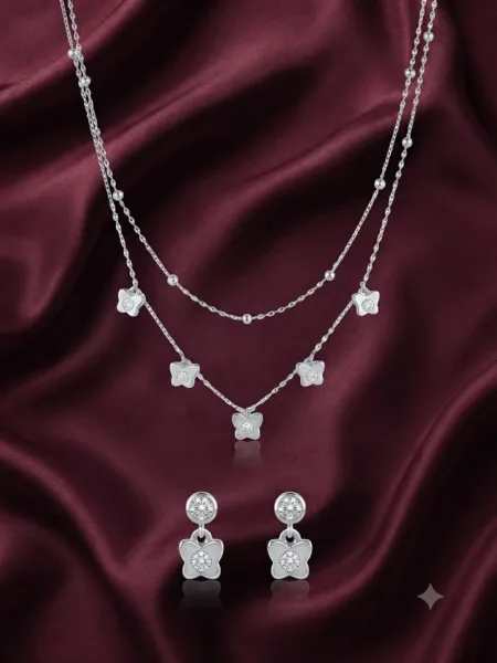 Elegant Floral Charm Layered Necklace & Earring Set