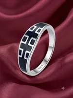 Silver Black Enamel Cross Pattern Band Ring