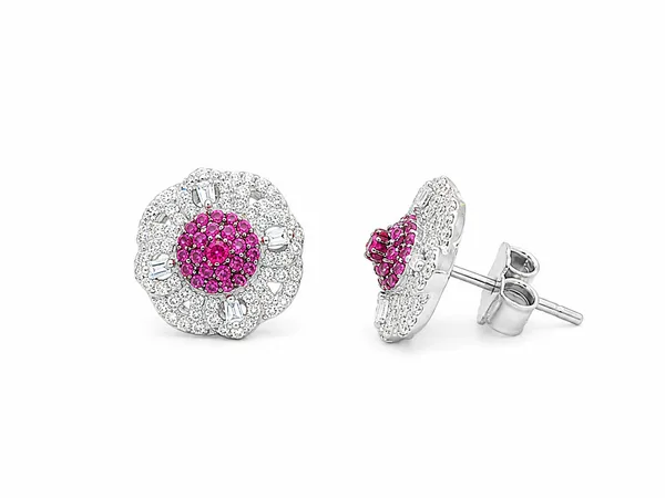 Pink Ruby Floral 925 Sterling Silver Stud Earrings