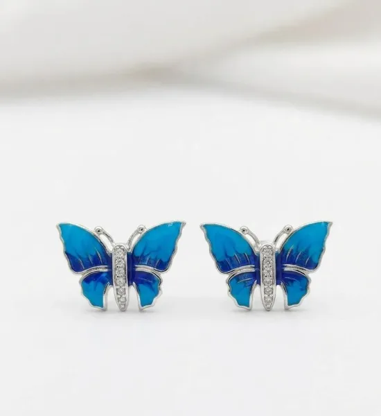 Vibrant Blue Enamel Butterfly Stud Earrings (Silver Finish)