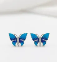 Vibrant Blue Enamel Butterfly Stud Earrings (Silver Finish)