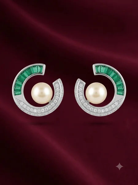 Modern Baguette Emerald and Diamond Pearl Ear Climbers