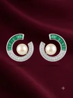 Modern Baguette Emerald and Diamond Pearl Ear Climbers