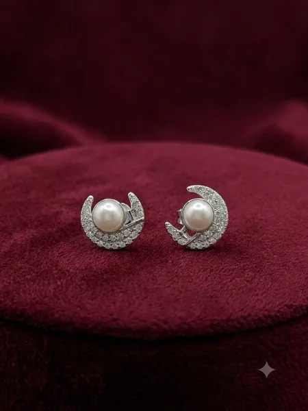 Crescent Moon Pearl & Pavé Diamond Stud Earrings