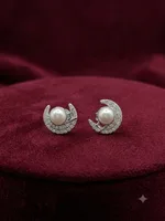 Crescent Moon Pearl & Pavé Diamond Stud Earrings