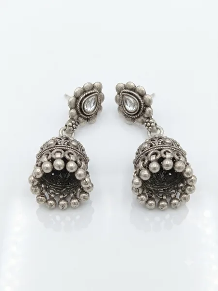 Oxidized Silver-Plated Kundan-Studded Bell Jhumka Earrings
