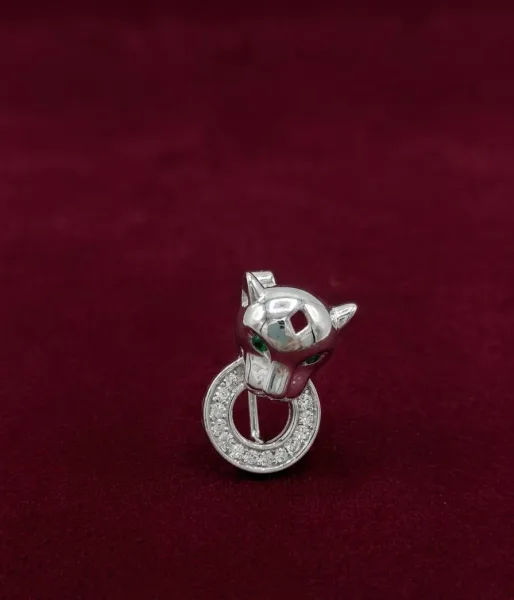 Emerald-Eyed Silver Panther Collar Brooch