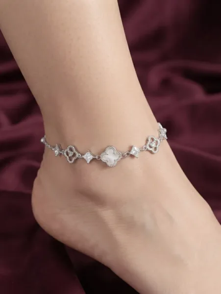 Floral Crystal Silver Anklet
