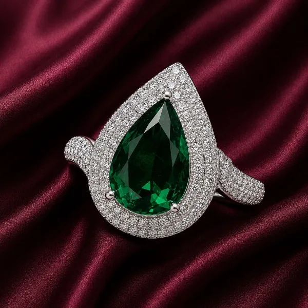 Emerald Teardrop Halo Ring