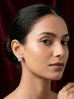 Emerald-Cut Solitaire Textured Silver Stud Earrings