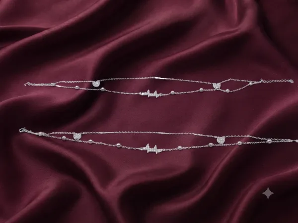 Silver Double-Layer Heart & Heartbeat Anklet