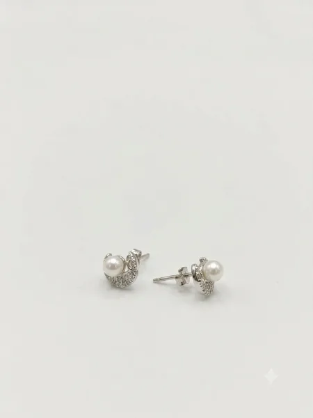 Crescent Moon Pearl & Pavé Diamond Stud Earrings