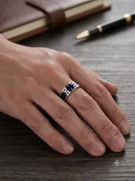 Silver Black Enamel Cross Pattern Band Ring