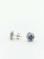 Royal Blue Sapphire & Diamond Cluster Stud Earrings