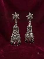 handcrafted oxidized silver jhumka earrings.