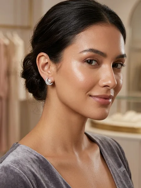 Crescent Moon Pearl & Pavé Diamond Stud Earrings