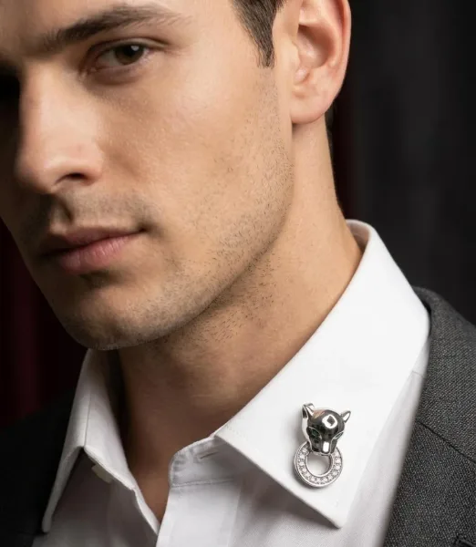 Emerald-Eyed Silver Panther Collar Brooch