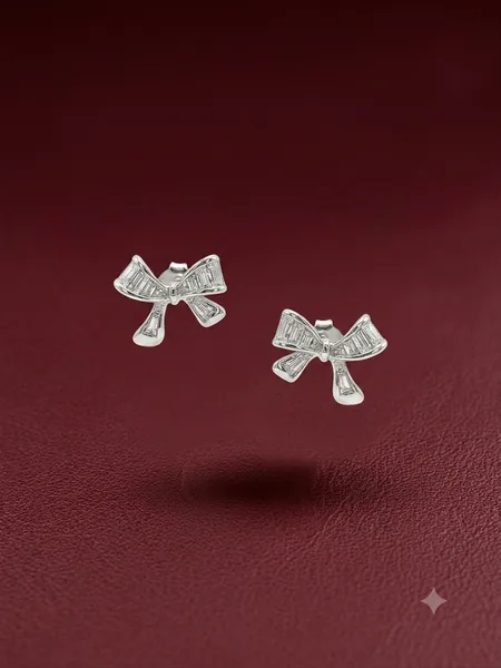 Baguette Diamond Ribbon Bow Stud Earrings