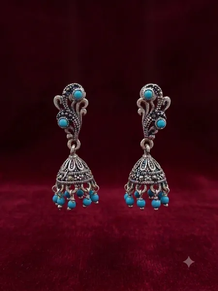 Antique-Finish Oxidized Silver Turquoise Jhumka Earrings