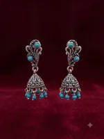 Antique-Finish Oxidized Silver Turquoise Jhumka Earrings