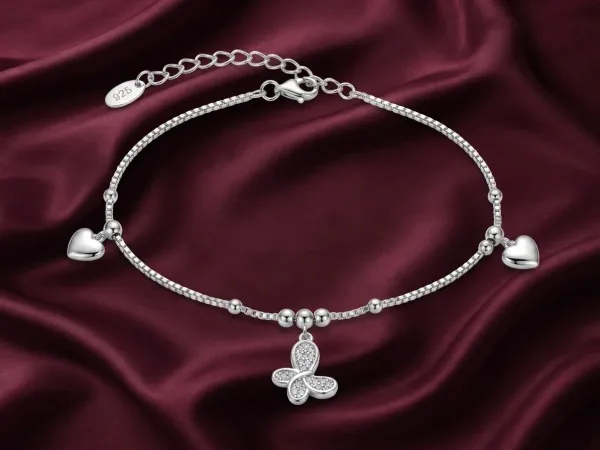 Silver 925 Butterfly & Hearts Charm Anklet