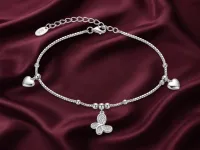 Silver 925 Butterfly & Hearts Charm Anklet