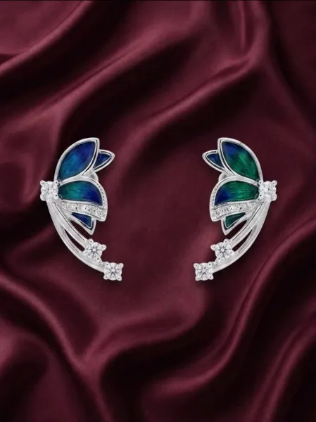 Azure Bloom Diamond Ear Climbers (or Enchanted Peacock Wing Studs)