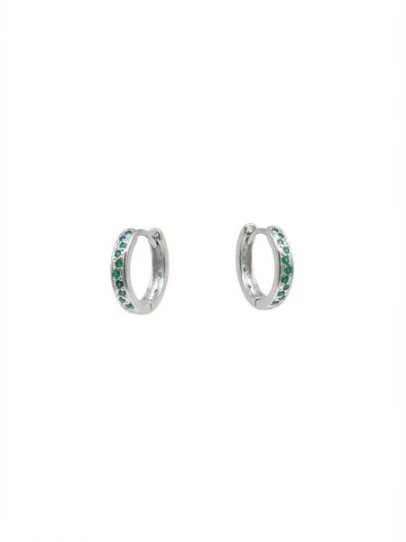 Silver Leaf & Green Stone Mini Hoops