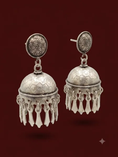 Antique Oxidised Silver Honeycomb Dome Jhumka