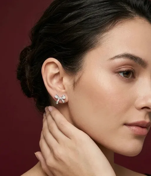 Baguette Diamond Ribbon Bow Stud Earrings