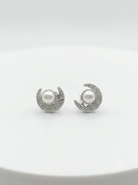 Crescent Moon Pearl & Pavé Diamond Stud Earrings