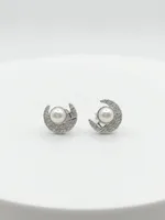 Crescent Moon Pearl & Pavé Diamond Stud Earrings