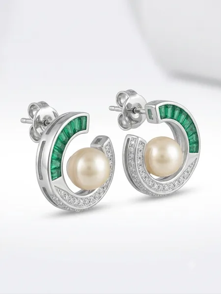 Modern Baguette Emerald and Diamond Pearl Ear Climbers
