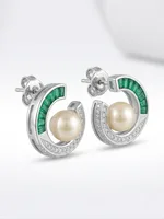 Modern Baguette Emerald and Diamond Pearl Ear Climbers
