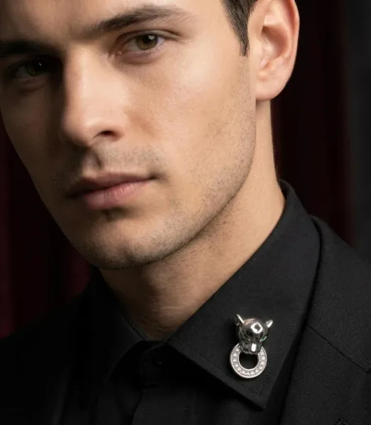 Emerald-Eyed Silver Panther Collar Brooch