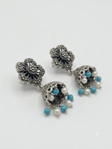 Oxidized Silver Marcasite Floral Jhumka Earrings with Turquoise & Pearl Drops