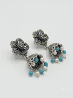 Oxidized Silver Marcasite Floral Jhumka Earrings with Turquoise & Pearl Drops