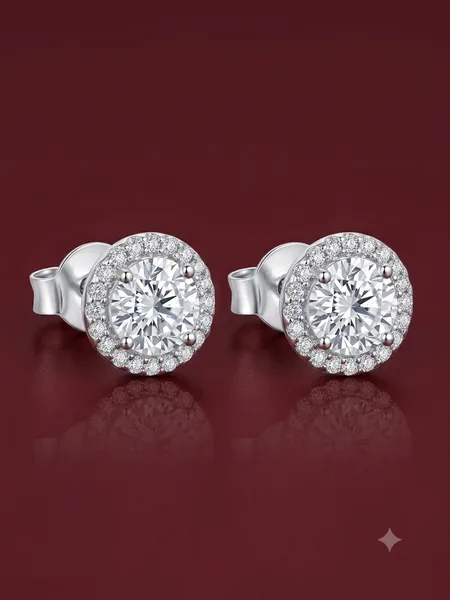 Classic Solitaire Halo Diamond Stud Earrings in Sterling Silver