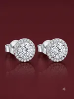 Classic Solitaire Halo Diamond Stud Earrings in Sterling Silver