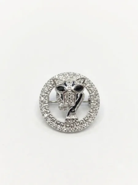 Silver Panther Head Circular Crystal Brooch Pin