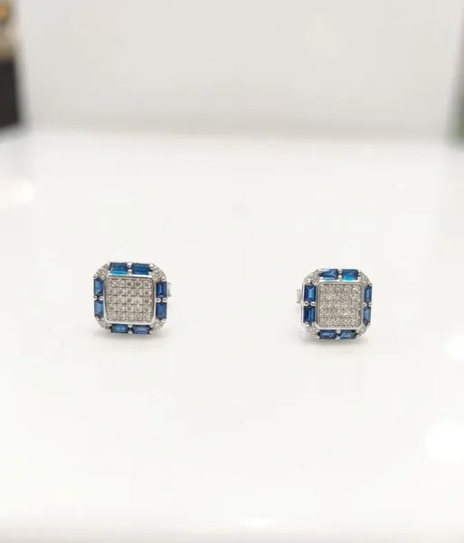Sapphire & Diamond Halo Square Stud Earrings