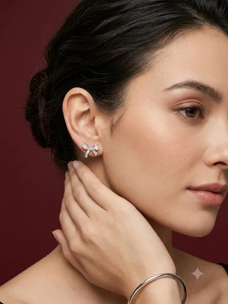 Baguette Diamond Ribbon Bow Stud Earrings