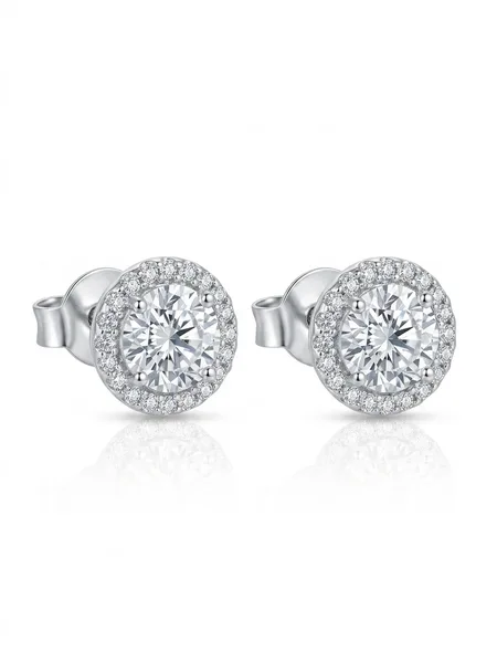 Classic Solitaire Halo Diamond Stud Earrings in Sterling Silver