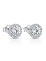 Classic Solitaire Halo Diamond Stud Earrings in Sterling Silver