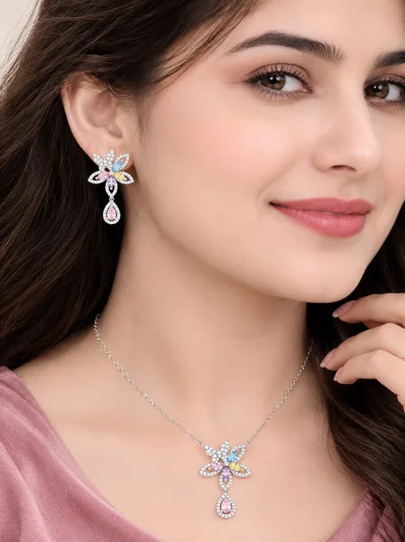 Multicolor Crystal Floral Pendant and Drop Earrings Set