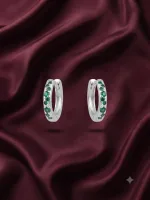 Silver Leaf & Green Stone Mini Hoops